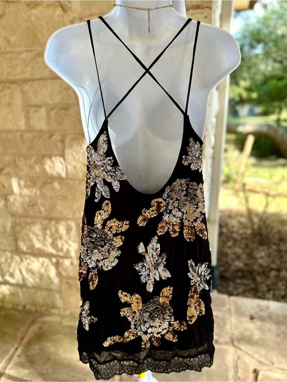 Free People Black Backless Slip Dress with Gold and Silver Floral Sequins - XS - Picture 9 of 13